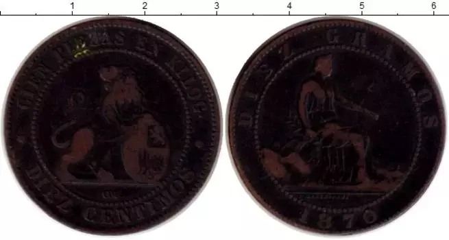 Монета 10 сентим Испании 1870 года Медь