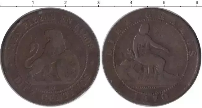 Монета 10 сентим Испании 1870 года Медь Временное правительство