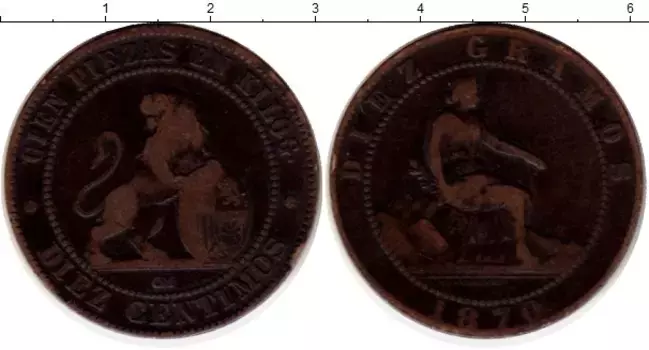 Монета 10 сентим Испании 1870 года Медь Временное правительство