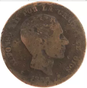 Монета 10 сентим Испании 1877 года Медь Альфонсо XII