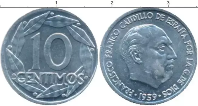 Монета 10 сентим Испании 1959 года Алюминий Франсиско Франко