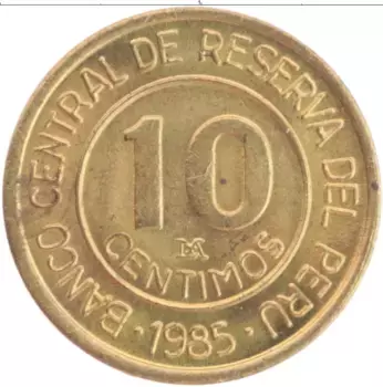Монета 10 сентим Перу 1985 года Бронза