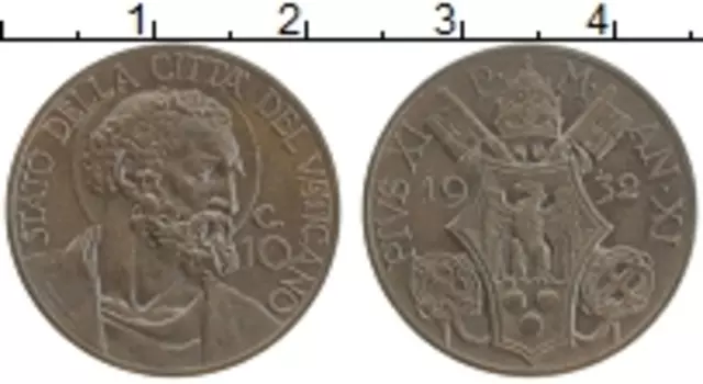 Монета 10 сентим Ватикана 1932 года Бронза Пий XI