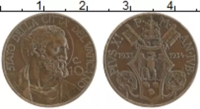 Монета 10 сентим Ватикана 1934 года Бронза Пий XI