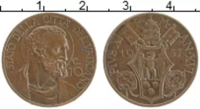 Монета 10 сентим Ватикана 1937 года Бронза Пий XI