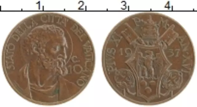 Монета 10 сентим Ватикана 1937 года Бронза Пий XI
