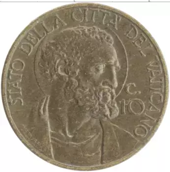 Монета 10 сентим Ватикана 1939 года Бронза Пий XII