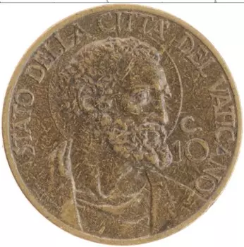 Монета 10 сентим Ватикана 1939 года Латунь Пий XII