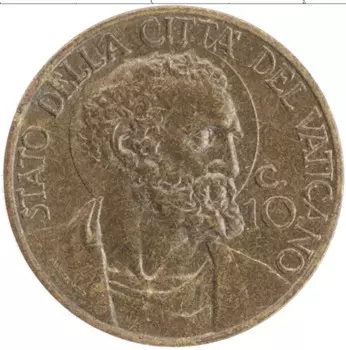 Монета 10 сентим Ватикана 1939 года Латунь Пий XII