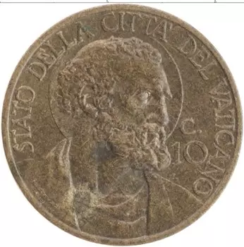 Монета 10 сентим Ватикана 1939 года Латунь Пий XII