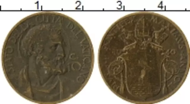 Монета 10 сентим Ватикана 1940 года Латунь Пий XII