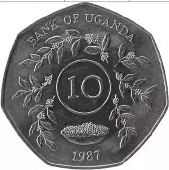 Монета 10 шиллингов Уганды 1987 года Медно-никель