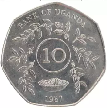 Монета 10 шиллингов Уганды 1987 года Медно-никель