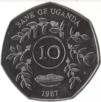 Монета 10 шиллингов Уганды 1987 года Медно-никель