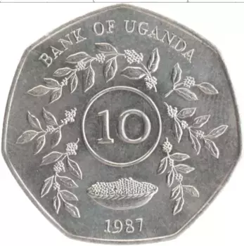 Монета 10 шиллингов Уганды 1987 года Медно-никель