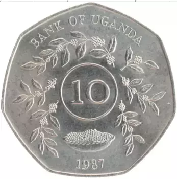 Монета 10 шиллингов Уганды 1987 года Медно-никель