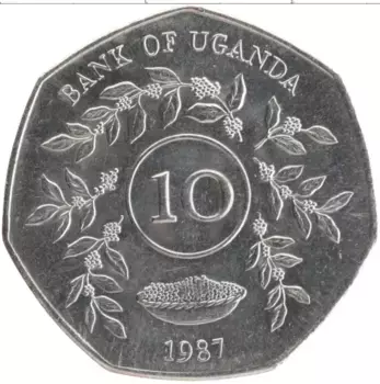 Монета 10 шиллингов Уганды 1987 года Медно-никель