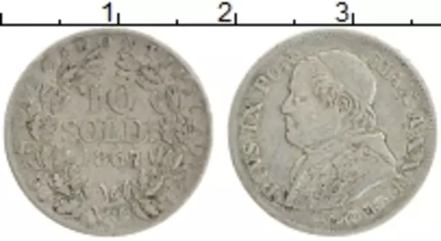 Монета 10 сольди Ватикана 1867 года Серебро Пий IX