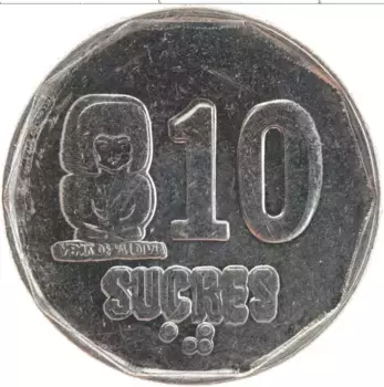 Монета 10 сукре Эквадора 1991 года Медно-никель