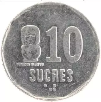 Монета 10 сукре Эквадора 1991 года Медно-никель