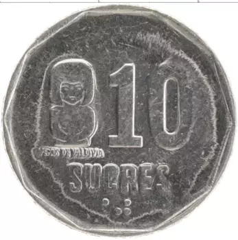 Монета 10 сукре Эквадора 1991 года Медно-никель