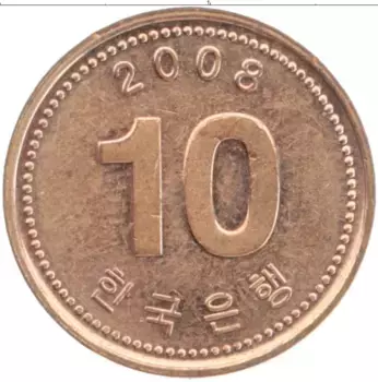 Монета 10 вон Южной Кореи 2008 года Бронза