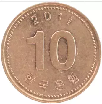 Монета 10 вон Южной Кореи 2011 года Бронза