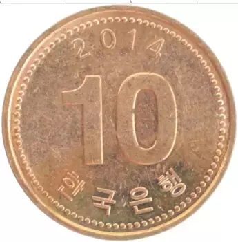 Монета 10 вон Южной Кореи 2014 года Бронза