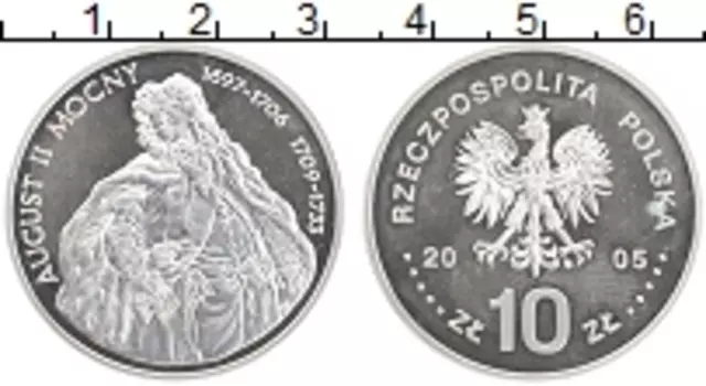 Монета 10 злотых Польши 2005 года Серебро Август II