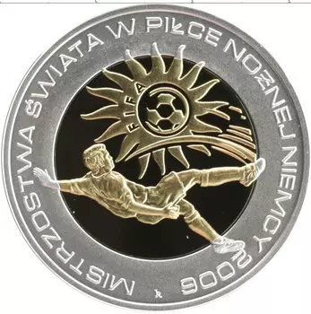 Монета 10 злотых Польши 2006 года Серебро Чемпионат мира по футболу в Германии 2006