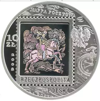 Монета 10 злотых Польши 2008 года Серебро 450 лет польской почтовой службе