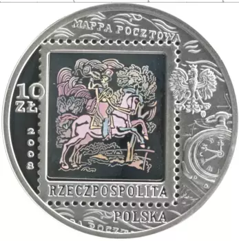 Монета 10 злотых Польши 2008 года Серебро 450 лет польской почтовой службе