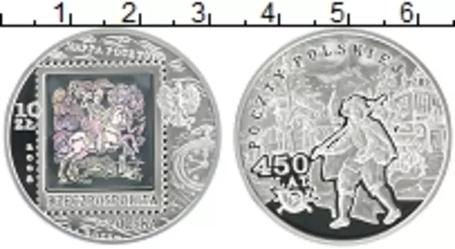Монета 10 злотых Польши 2008 года Серебро 450 лет польской почтовой службе
