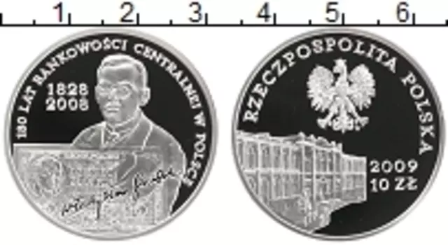 Монета 10 злотых Польши 2009 года Серебро 180 лет Центральной банковской системы Польши