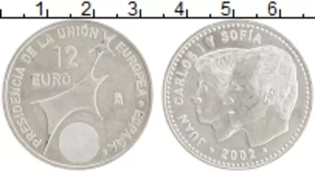 Монета 12 евро Испании 2002 года Серебро Председательство Испании в Совете Евросоюза