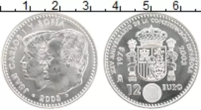 Монета 12 евро Испании 2003 года Серебро 25 лет Конституции Испании