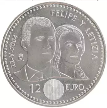 Монета 12 евро Испании 2004 года Серебро Свадьба принца Астурийского Фелипе и Летиции Ортис Рокасолано