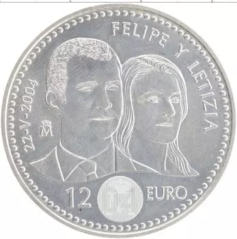 Монета 12 евро Испании 2004 года Серебро Свадьба принца Фелипе и Летиции