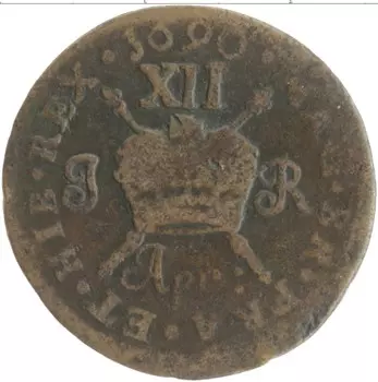 Монета 12 пенсов Ирландии 1690 года Медь Ирландские оружейные деньги Джеймса II