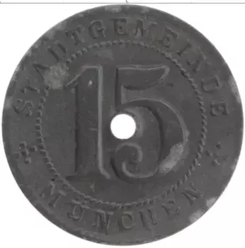 Монета 15 пфеннигов Германия : Нотгельды 1918 года Цинк Мюнхен