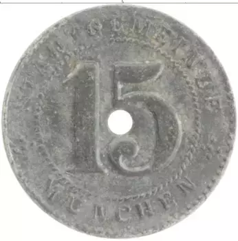 Монета 15 пфеннигов Германия : Нотгельды 1918 года Цинк Мюнхен