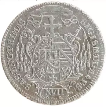 Монета 17 крейцеров Зальцбурга 1754 года Серебро Епископ Руперт