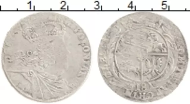 Монета 18 грошей Польши 1754 года Серебро Август III (Следы юстировки)
