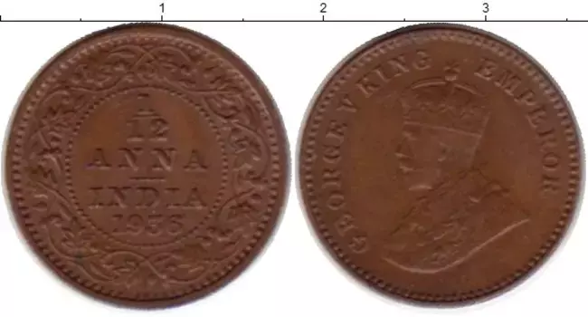 Монета 1/12 анны Британской Индии 1936 года Бронза Георг V