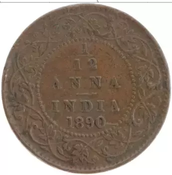 Монета 1/12 анны Индии 1890 года Бронза Виктория