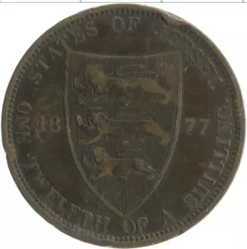 Монета 1/12 шиллинга Острова Джерси 1877 года Бронза Виктория
