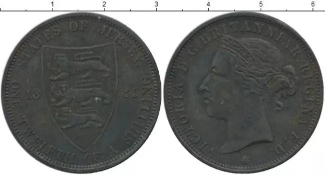 Монета 1/12 шиллинга Острова Джерси 1881 года Бронза Виктория
