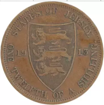 Монета 1/12 шиллинга Острова Джерси 1913 года Бронза Георг V