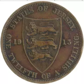 Монета 1/12 шиллинга Острова Джерси 1913 года Бронза Георг V
