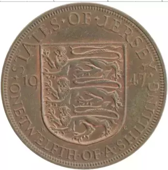 Монета 1/12 шиллинга Острова Джерси 1947 года Бронза Георг VI